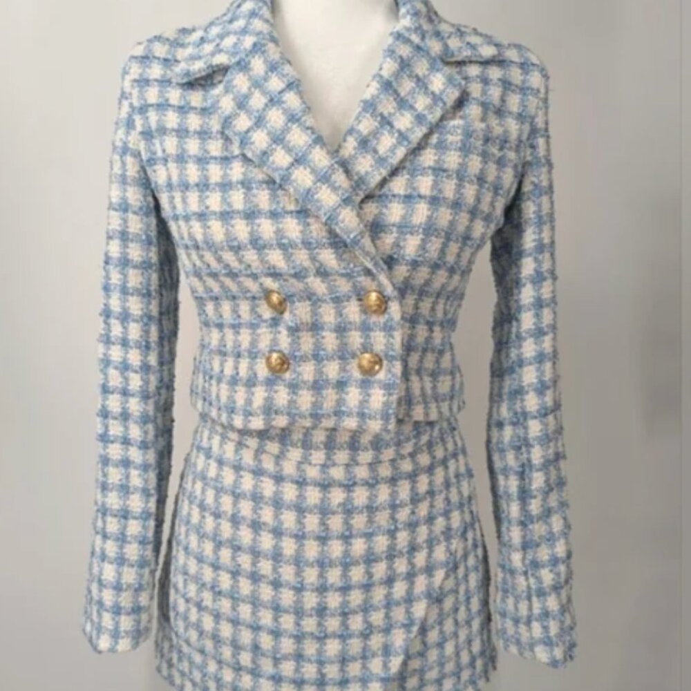 Jason Wu Light Blue White Plaid Tweed Crop Blazer Suit Jacket Skort Set